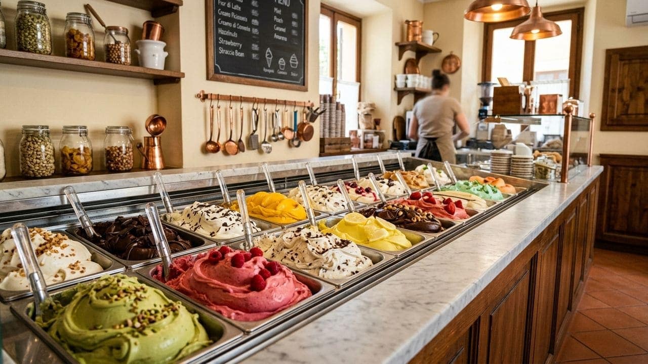 Vitrine de gelateria artisanale premium — business de glace façon gelato italien en Indonésie
