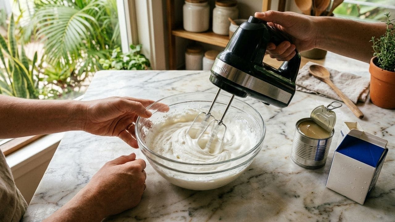 how to make 3 ingredient ice cream process with sweetened condensed milk heavy cream and SP in a home mixer bowl