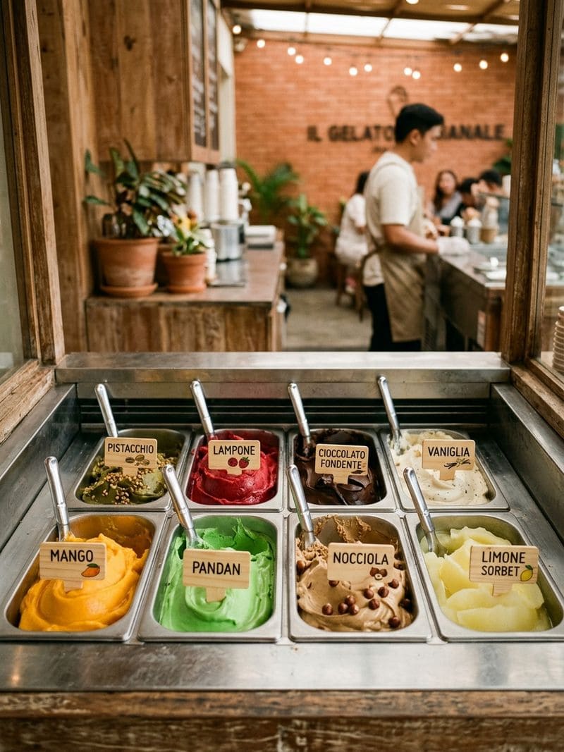 Vitrine gelato artisanal Italia dengan 8 rasa di pozzetti — pistachio, framboise, mangga, pandan, vanilla