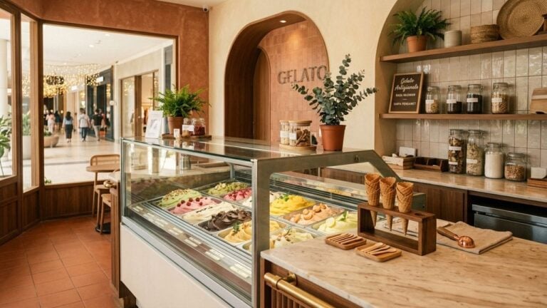 Outlet franchise gelato premium di Indonesia dengan freezer display dan bin gelato artisanal warna pastel