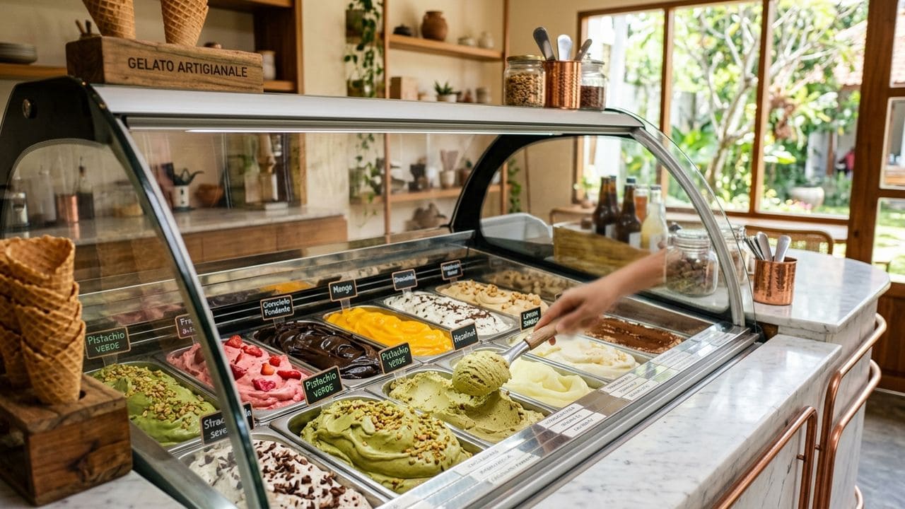 Outlet franchise gelato La Gelato di Yogyakarta dengan freezer display dan bin gelato 5 liter