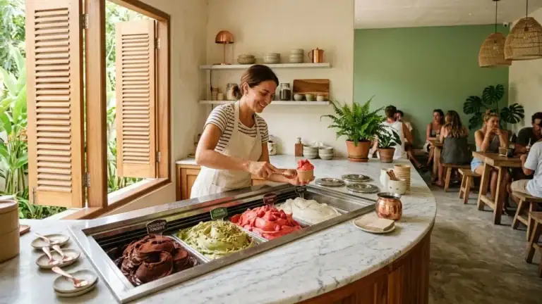 Gaya Gelato authentic Italian gelato pozzetti counter in Bali with handcrafted flavors