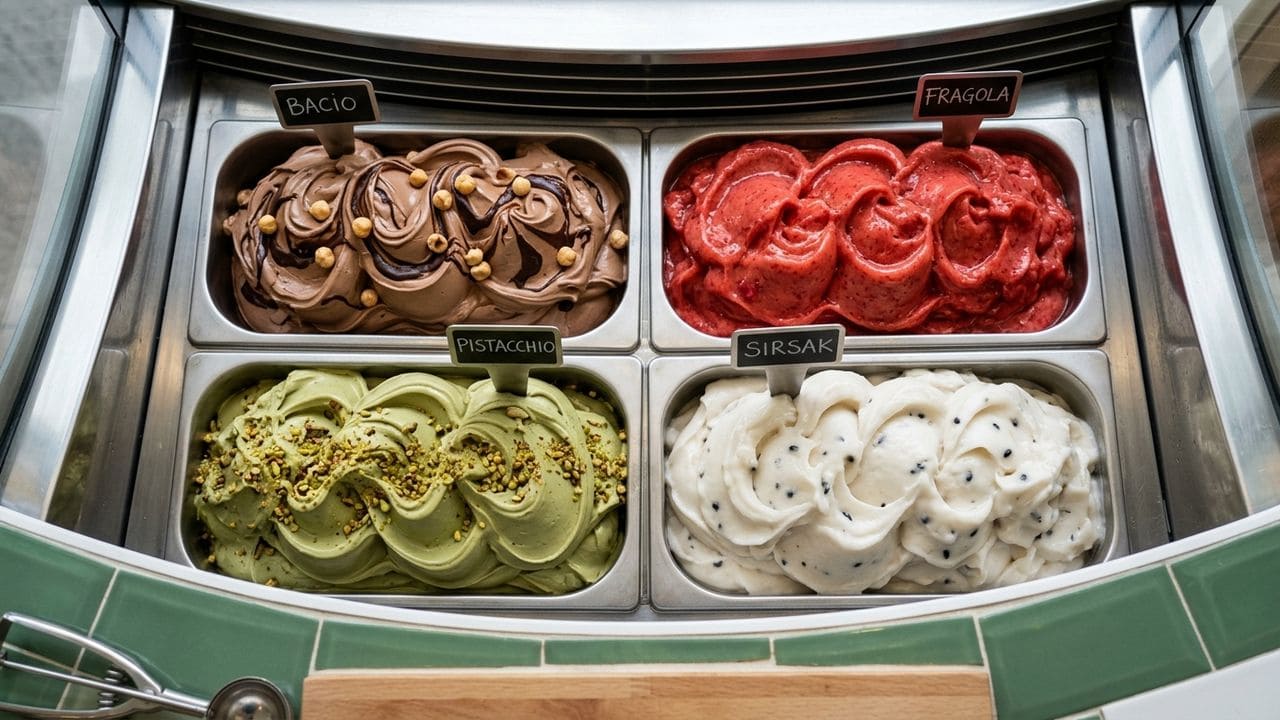 Variasi rasa gelato signature Italia — bacio, pistachio, sirsak, fragola di Gaya Gelato