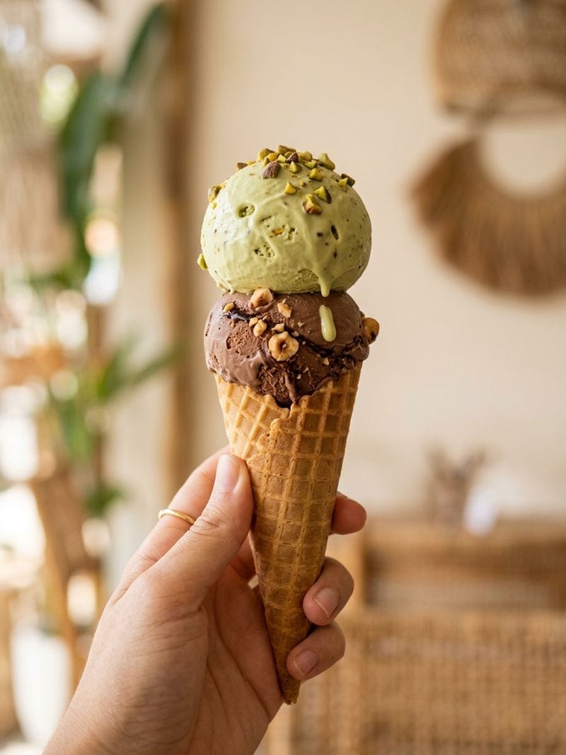 Cone gelato artisanal Italia dengan dua scoop bacio dan pistachio tanpa pengemulsi