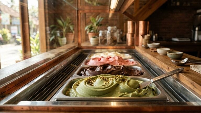 Gelato glace italienne authentique avec texture dense et couleurs naturelles en vitrine d'établissement indonésien