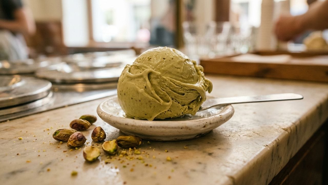 Gelato es krim italia autentik dengan tekstur padat dan warna alami di vitrine outlet Indonesia