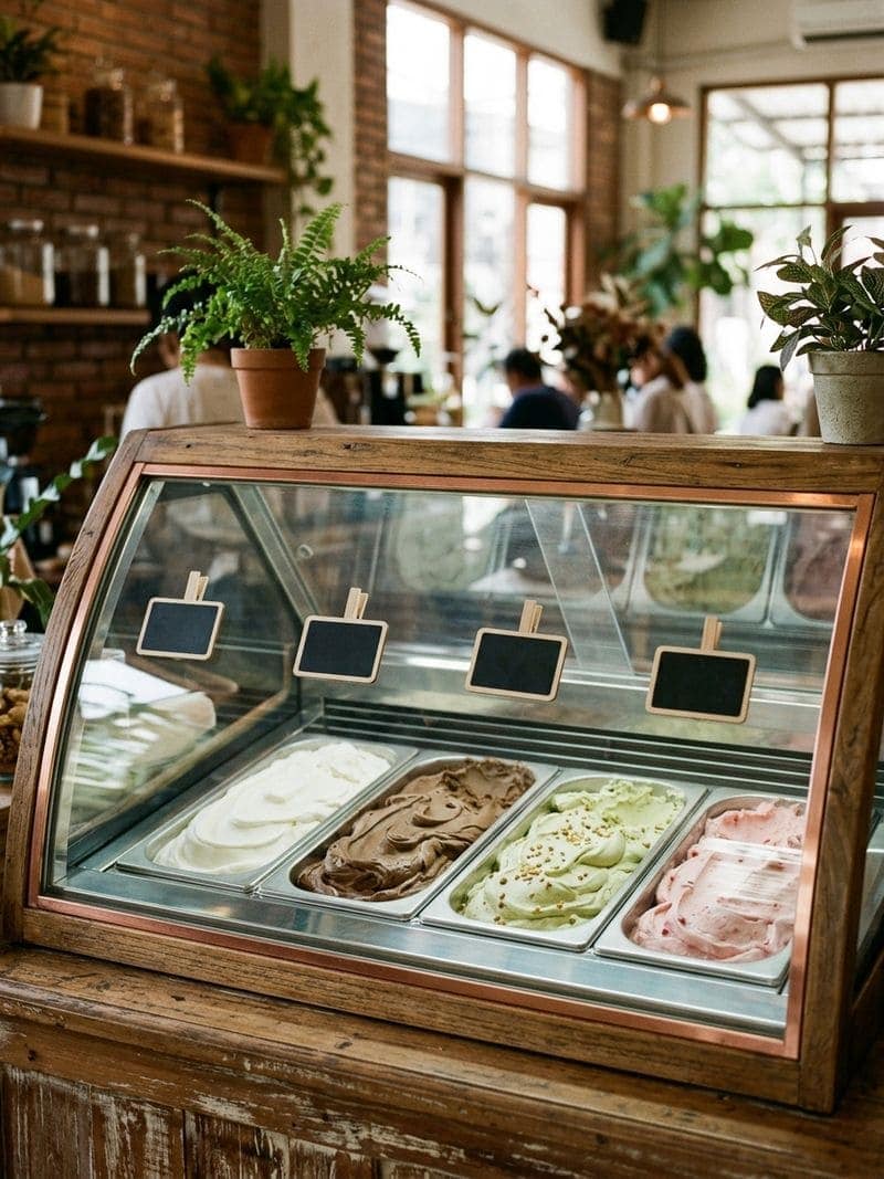Vitrine de gelato glace italienne authentique avec bacs inox de 5 litres et température maîtrisée en établissement indonésien