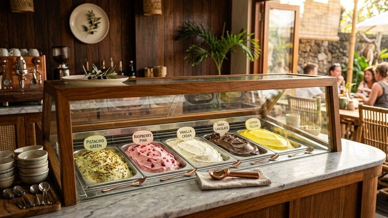 Gelato ice cream price in Indonesia from cup to liter display case