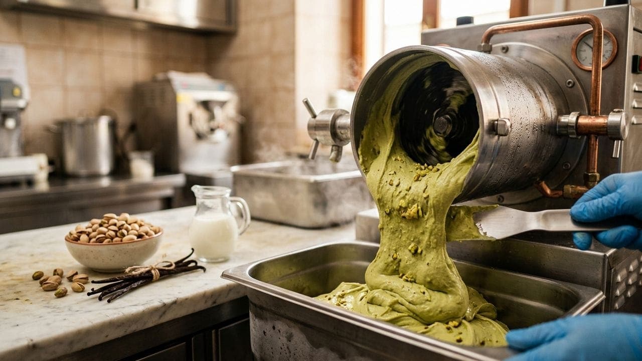 Professional artisan gelato batch freezer machine demonstrating the cold process method at La Gelato Academy