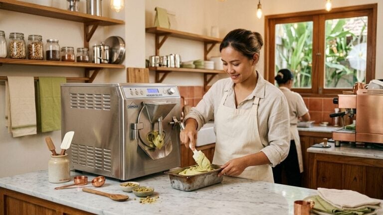 Mesin es krim cone dibandingkan batch freezer untuk produksi gelato artisanal di La Gelato Academy