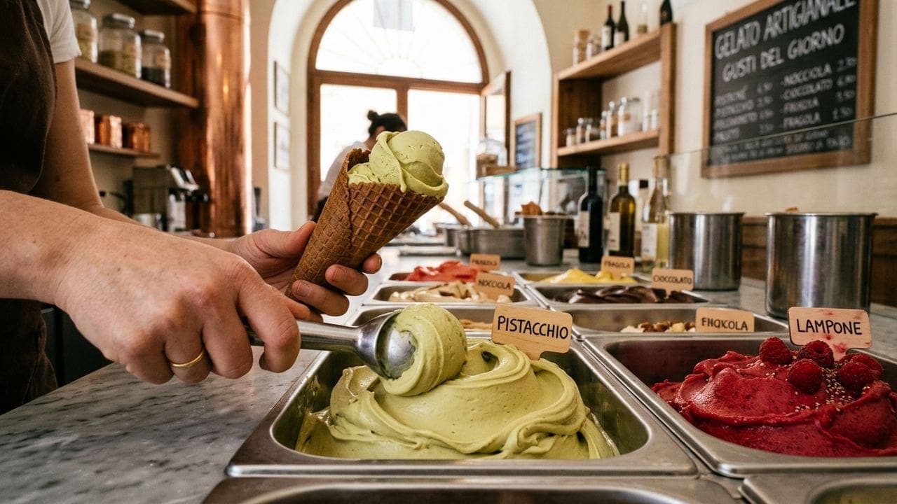 Artisanal gelato scooped into a waffle cone, demonstrating the La Gelato Academy cold process batch freezer method