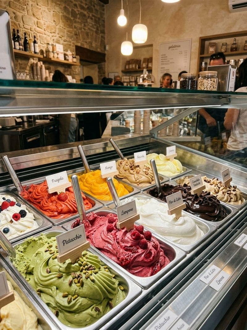 Vitrine de gelato artisanal La Gelato Academy avec différentes saveurs cold process italiennes