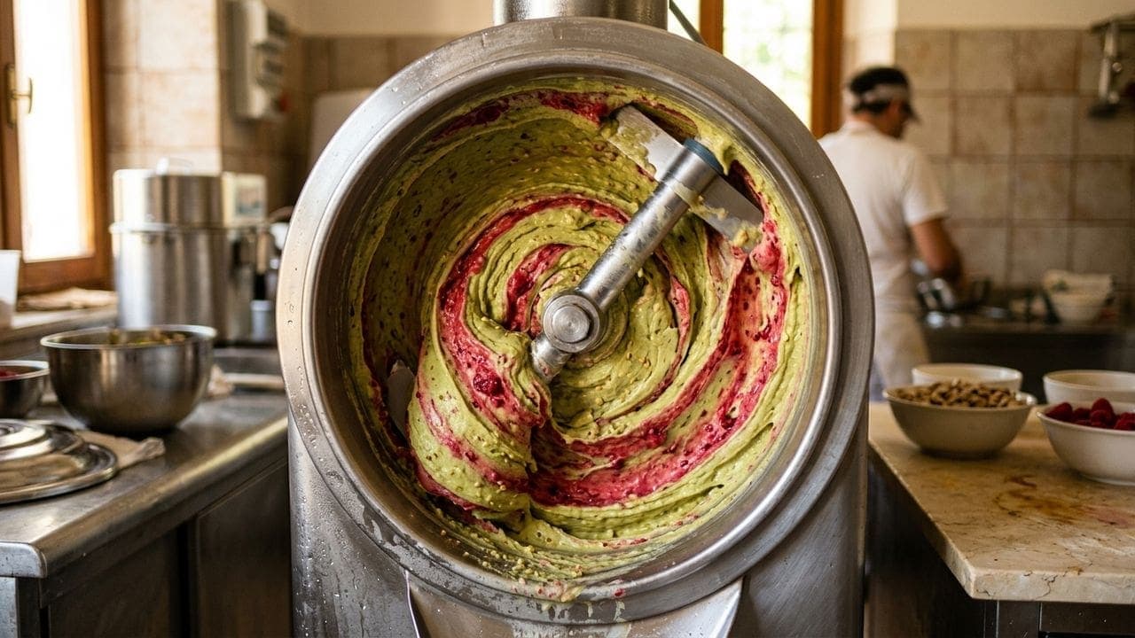 Batch freezer for artisanal gelato production at La Gelato Academy laboratory