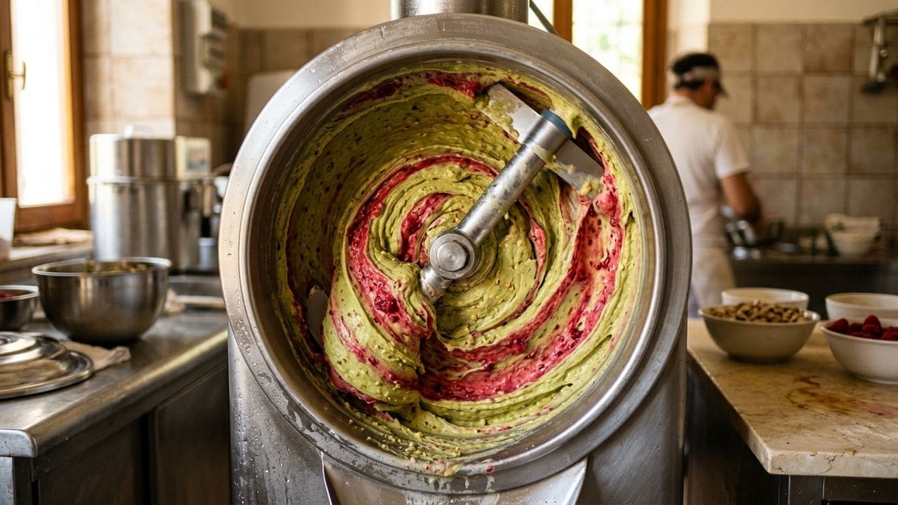 Mesin batch freezer untuk produksi gelato artisanal di laboratorium La Gelato Academy