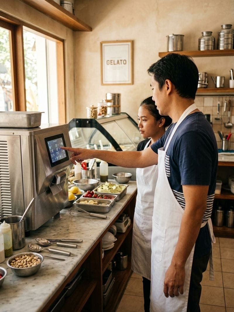 Notre équipe de formateurs de La Gelato Academy expliquant les paramètres du batch freezer aux participants de l'atelier