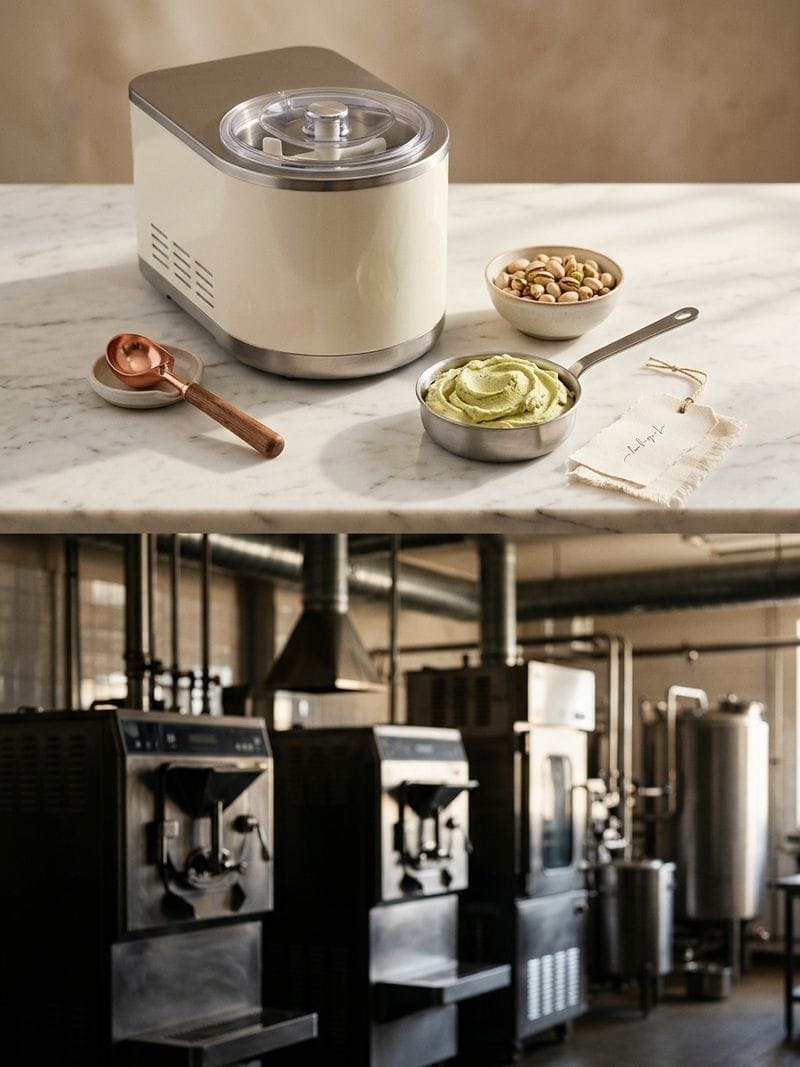 Diagramme comparatif investissement machine à glace cold process vs hot process pour activité gelato Indonésie 2026