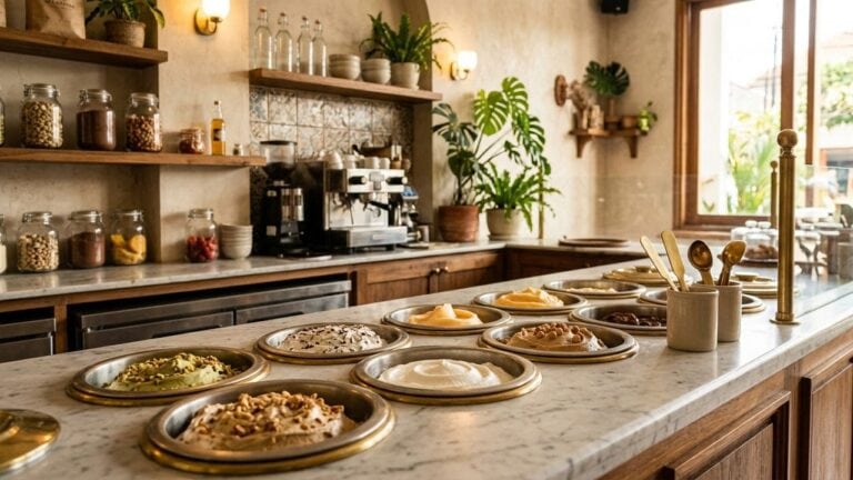 Artisanal glaceria display showing best gelato in Indonesia — pozzetto cabinet with pistachio and stracciatella, Yogyakarta