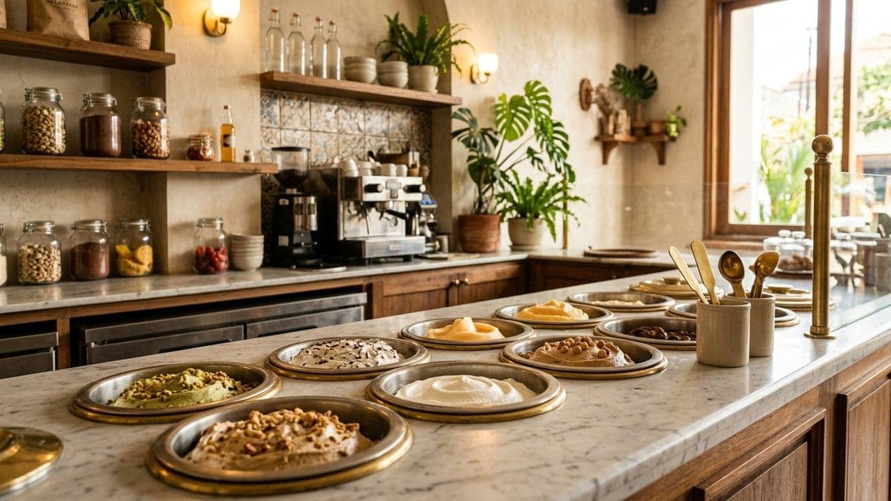 Vitrine glaceria artisanale — meilleur gelato en Indonésie servi dans un pozzetto en inox à Yogyakarta