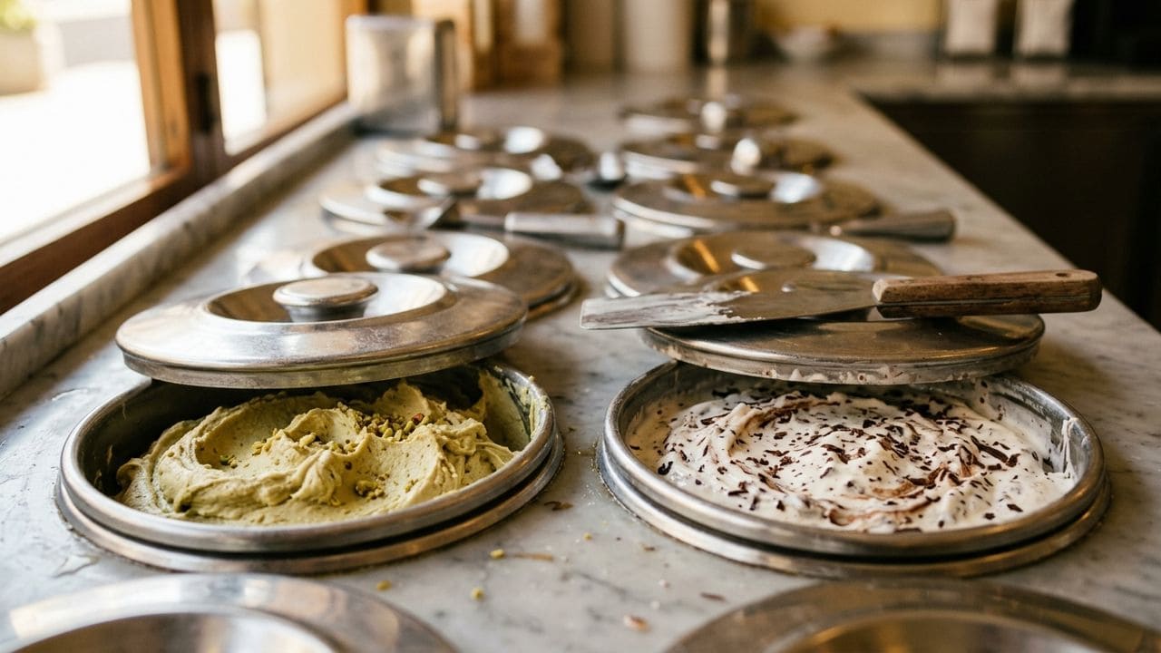 Vitrin pozzetto stainless steel glaceria artisanal dengan gelato pistachio hijau pucat dan stracciatella