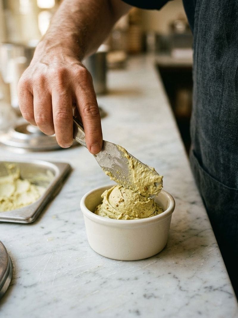 Artisan hands serving a single scoop of pistachio gelato in a small ceramic ramekin — the best gelato in Indonesia served Italian-style