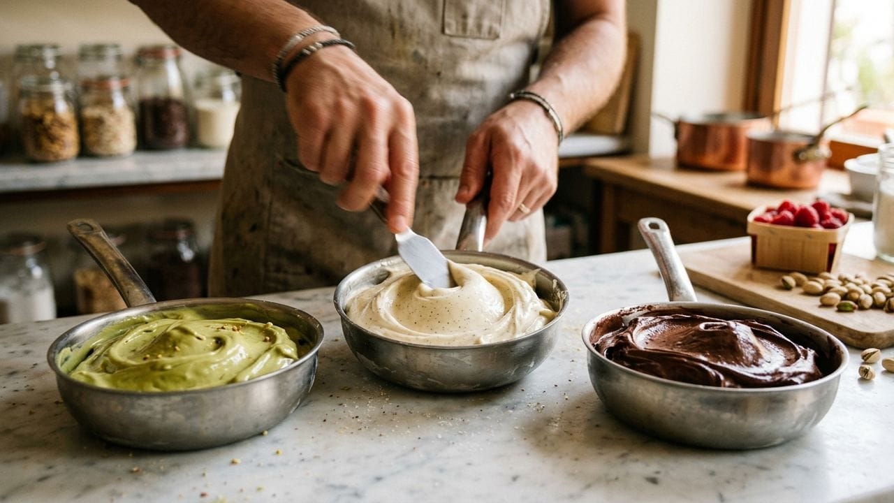 Démonstration de fabrication de glace et gelato artisanal en trois saveurs différentes lors d'un atelier pratique