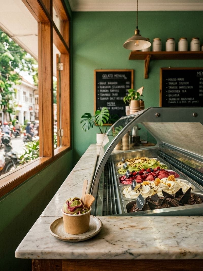 showcase gelato italien premium dans un point de vente partenaire La Gelato Academy Indonésie