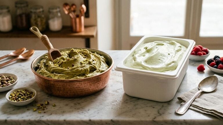 Perbedaan gelato dan es krim — tekstur padat artisanal gelato cold process La Gelato Academy dibandingkan es krim industrial