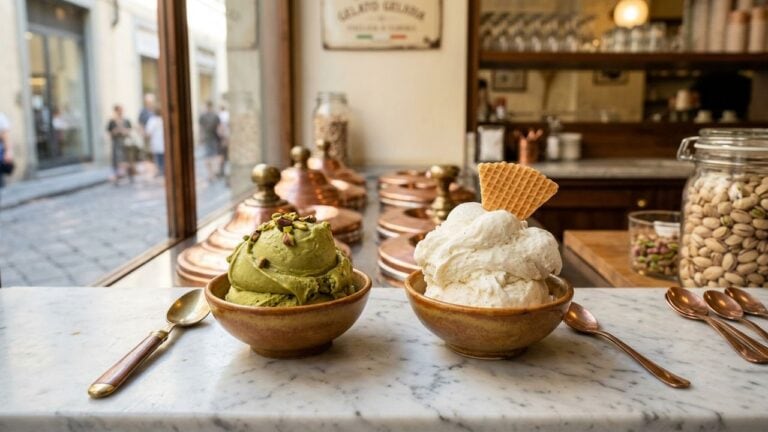 Perbedaan gelato dan ice cream — dua scoop berdampingan di counter marmer artisanal Italia