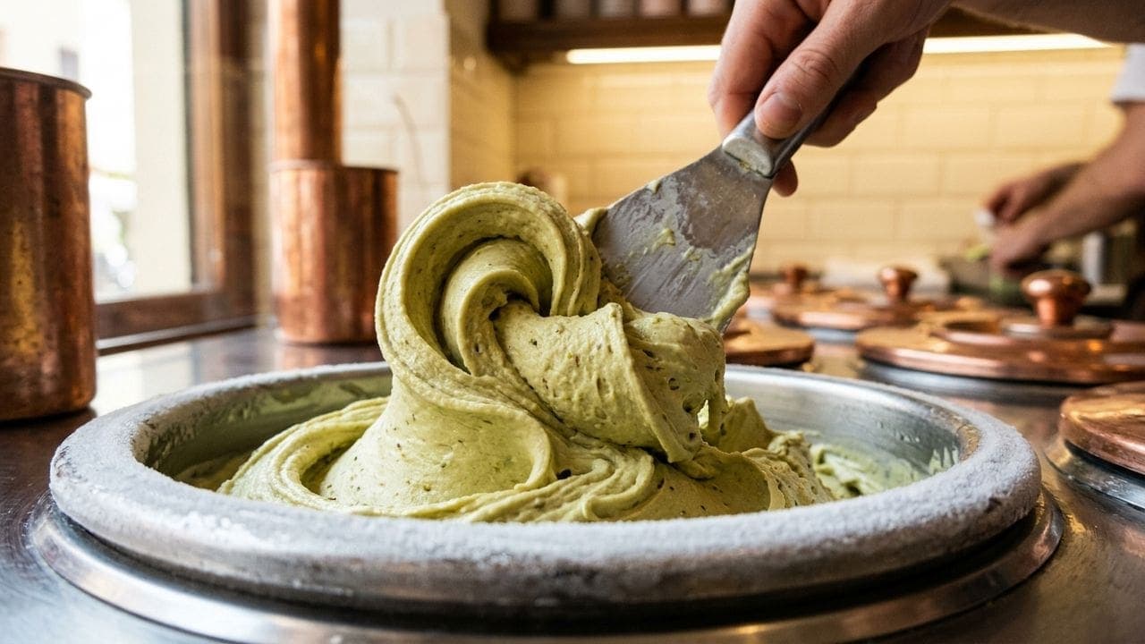 Texture dense du gelato artisanal lors du service à la spatule depuis un pozzetto en inox