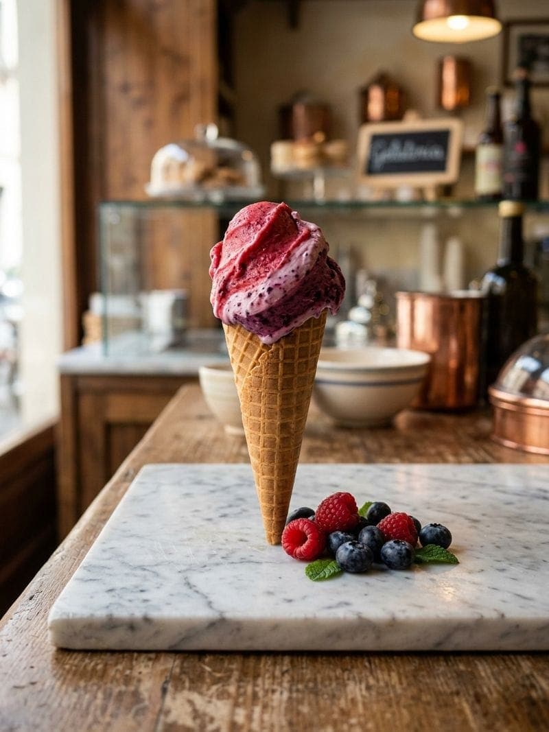 Artisan Italian gelato cone with two-color raspberry and blueberry scoop on a white marble background
