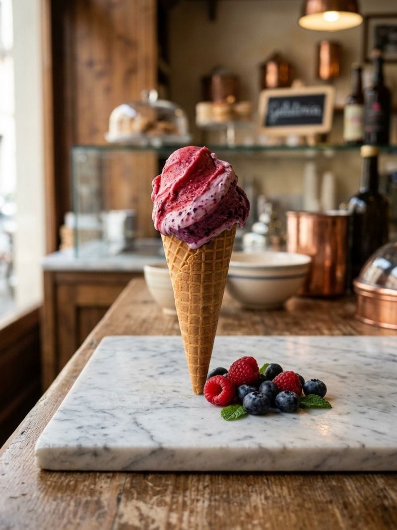 Cone gelato artisanal Italia dengan scoop dua warna framboise dan myrtille di latar marmer putih