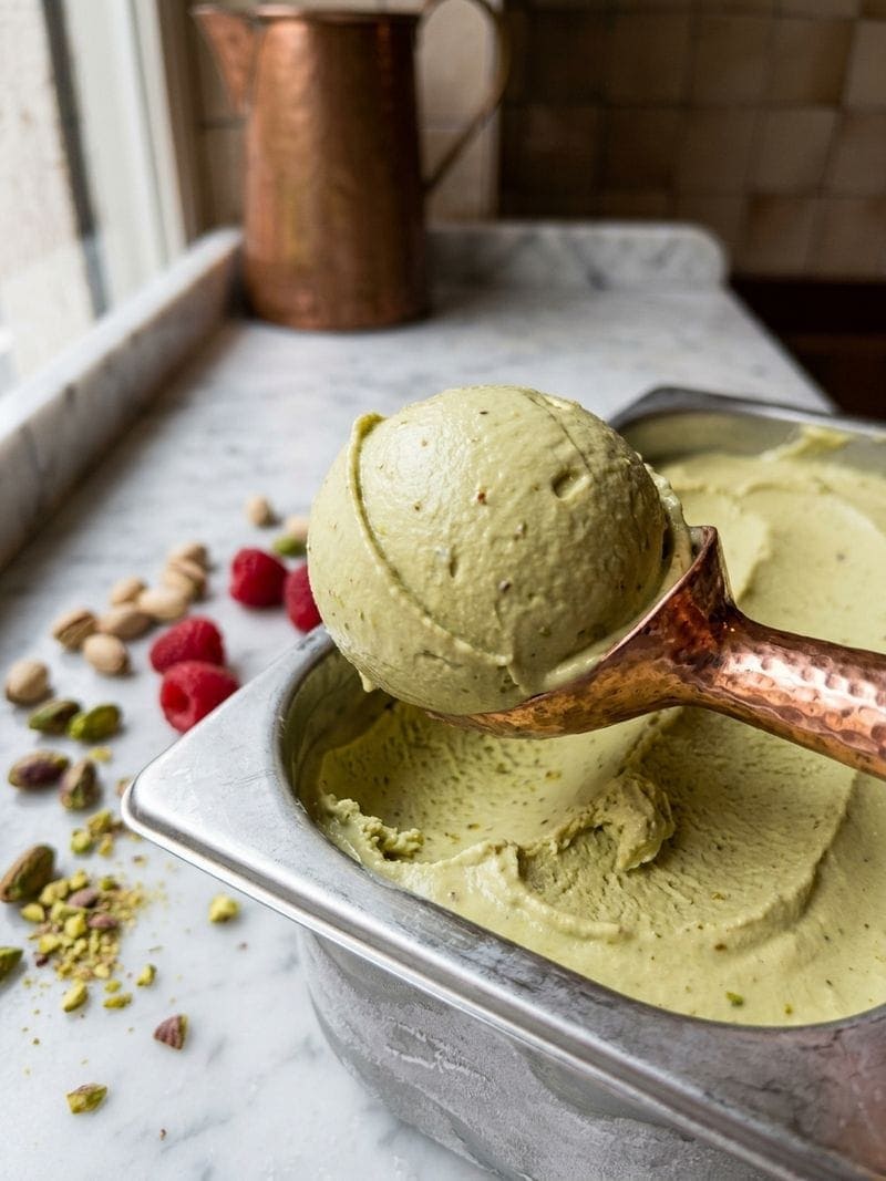 Dense and silky artisanal Italian gelato texture produced by the cold process method