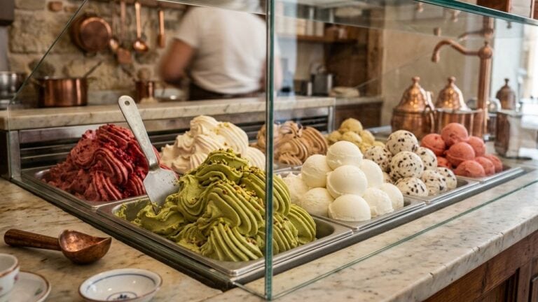 Beda gelato dan ice cream terlihat dari cara penyajian — gelato ditata bergelombang dengan spatula vs es krim di-scoop bulat di etalase