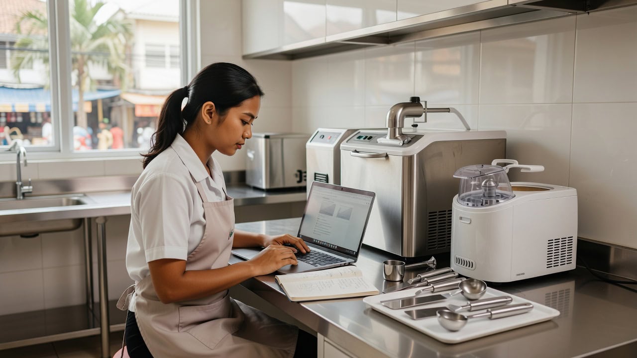 Peserta belajar gelato melalui materi online sambil menyiapkan praktik di laboratorium