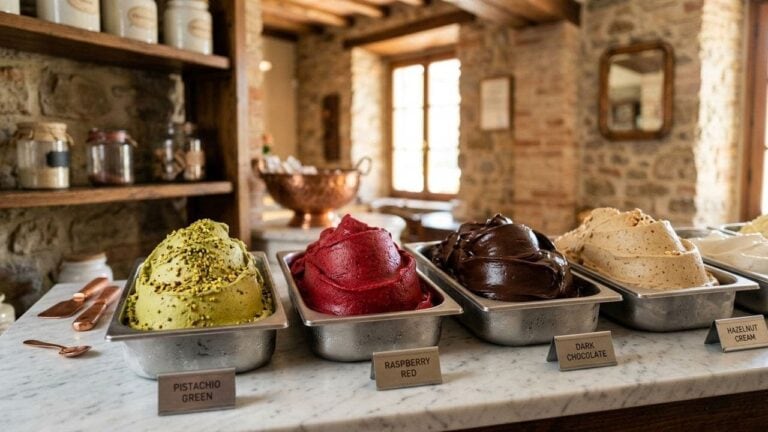 Gelato glace artisanal italien en vitrine avec texture dense et fondante — La Gelato Academy Yogyakarta