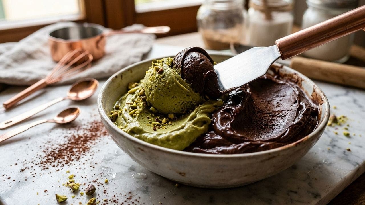 Authentic Italian gelato ice cream with dense smooth texture in a vitrine display case