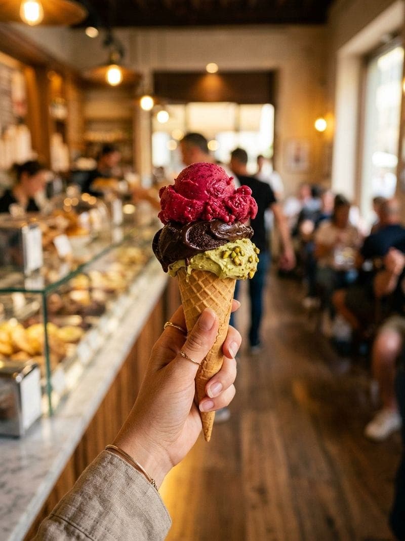 Enjoying gelato ice cream in a cone with the intense authentic Italian flavor