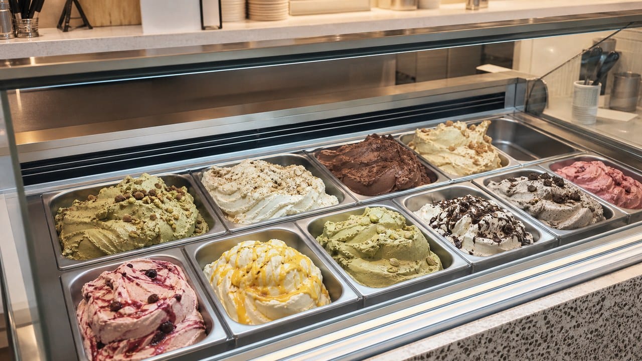 Bacs gelato di dalam showcase untuk memilih kapasitas dan alur pelayanan