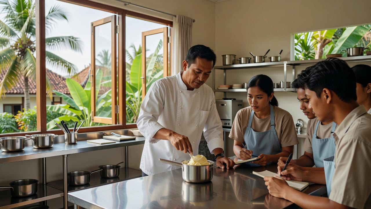 Peserta kursus gelato pemula belajar membuat base gelato di laboratorium Yogyakarta