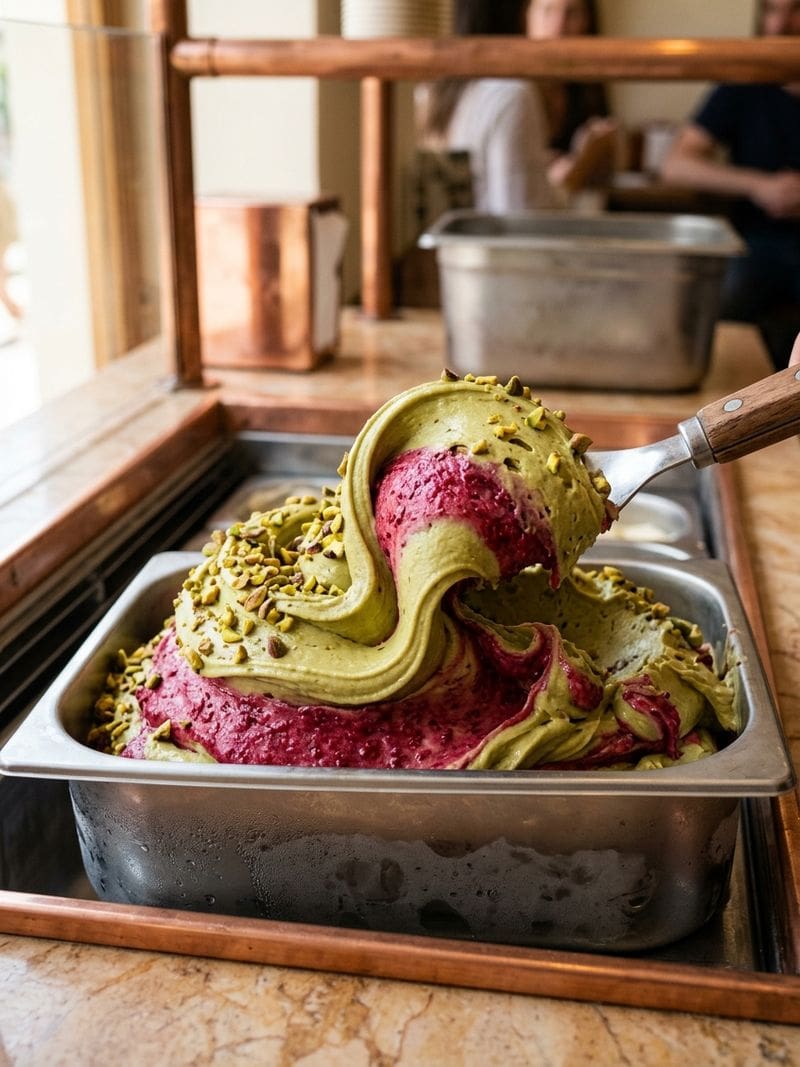 Gelato artisanal padat hasil batch freezer dibandingkan mesin es krim roll