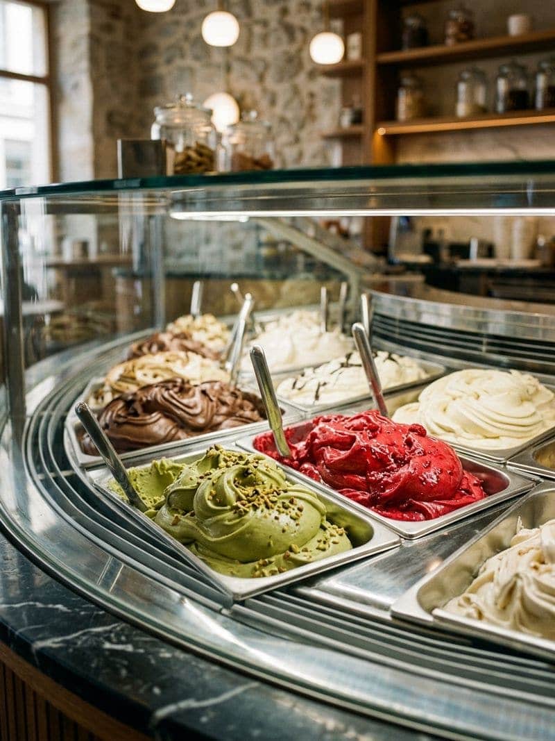 Artisan gelato dense and creamy from a gelato machine batch freezer displayed in the showcase