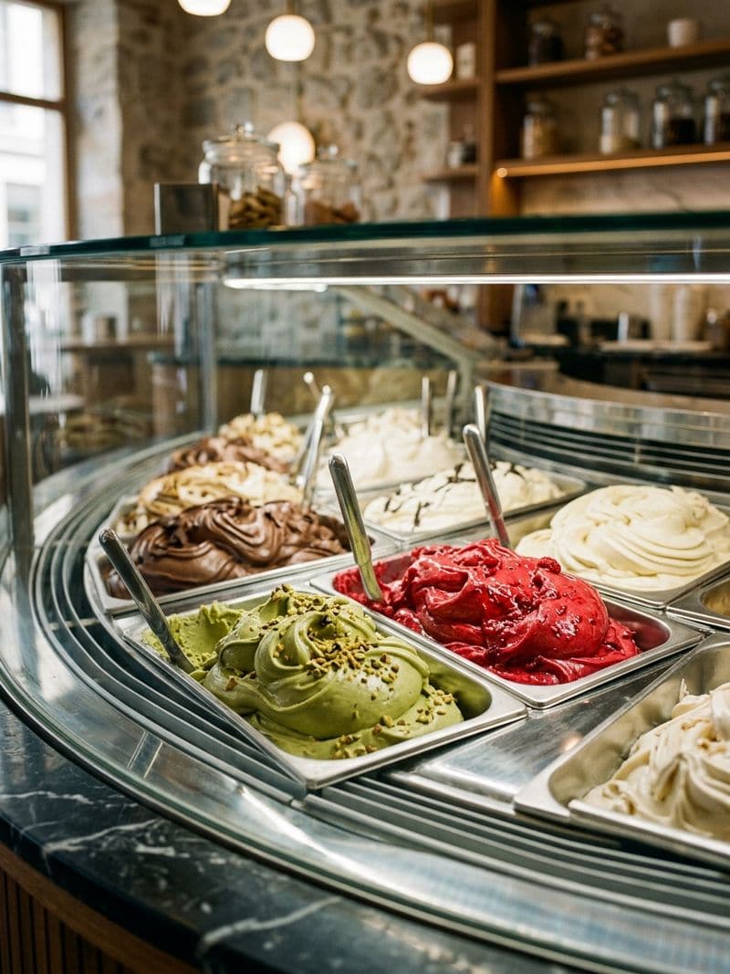 Gelato artisanal padat dan lembut hasil batch freezer di showcase
