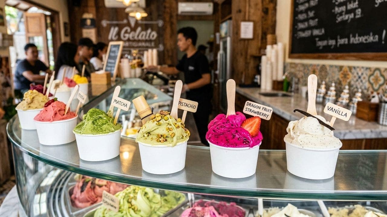 65 gelato flavors on display at Tempo Gelato Kaliurang