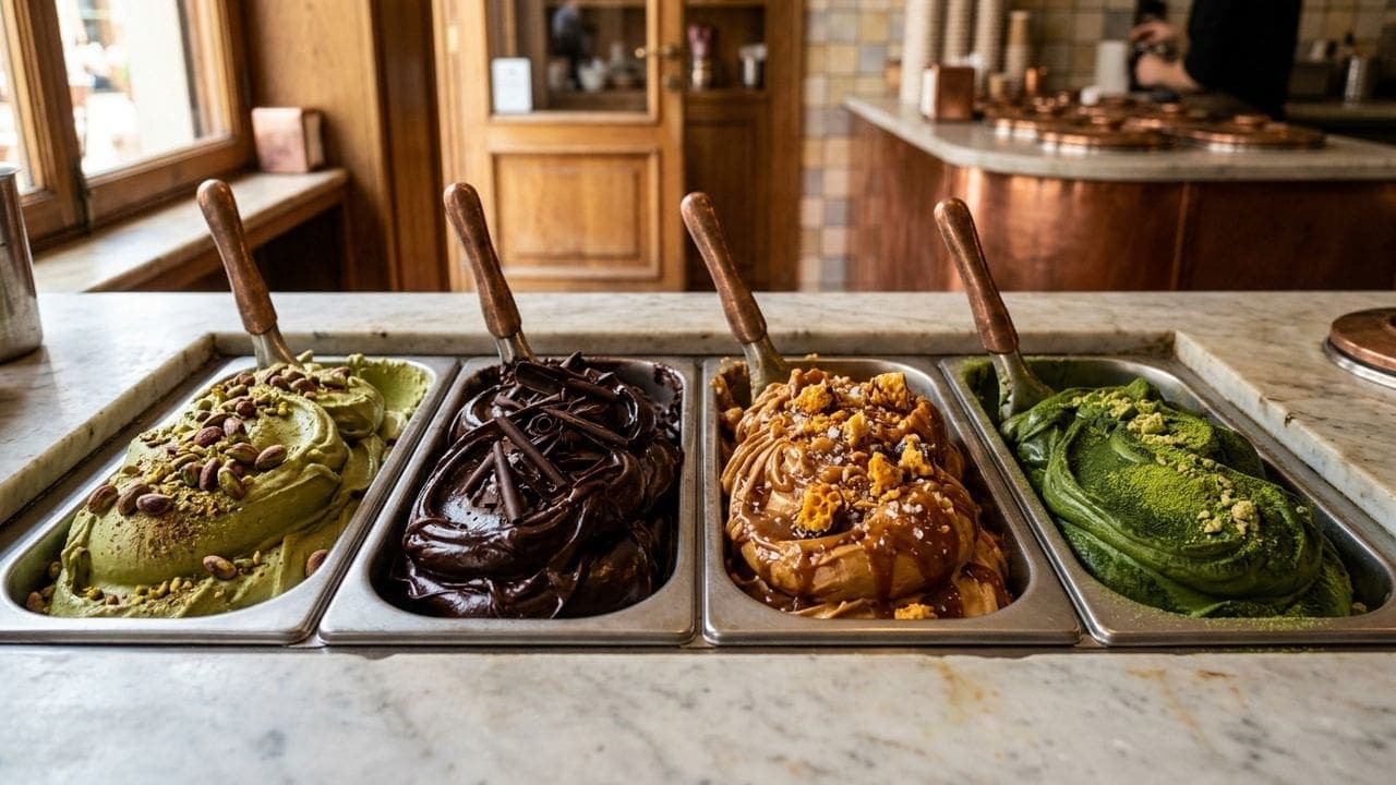 Vilo Gelato signature Italian gelato flavors — pistachio, signature chocolate, salted caramel, green tea