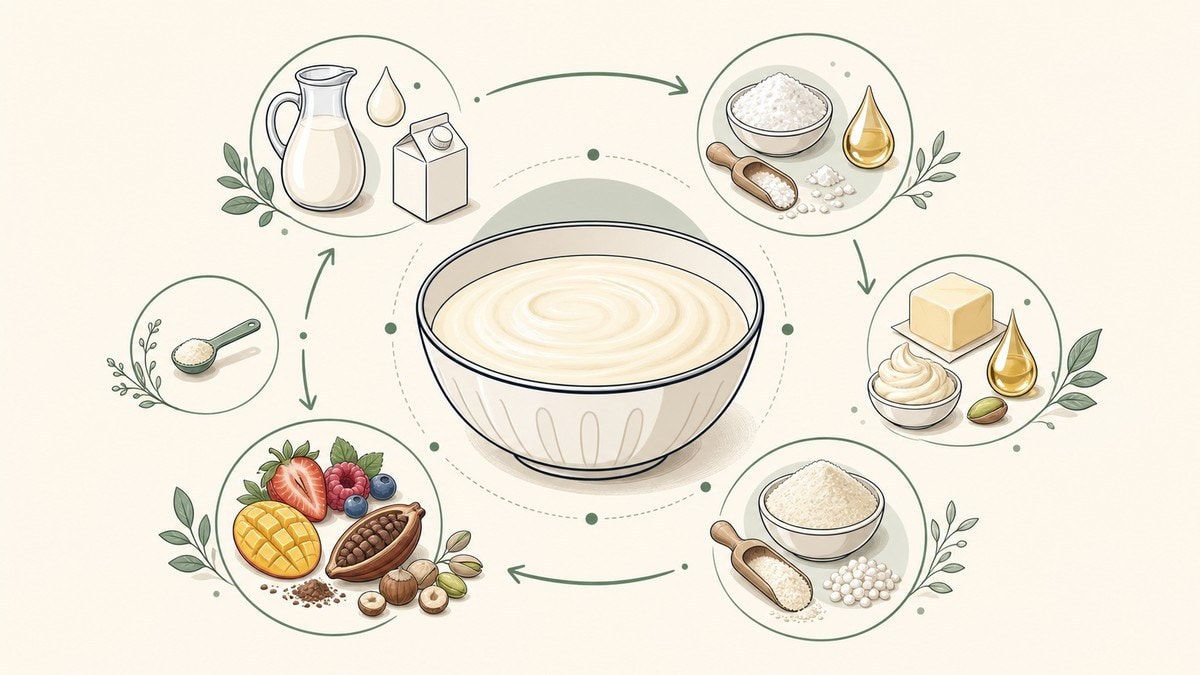 Ilustrasi kelompok bahan gelato yang bekerja dalam satu mix