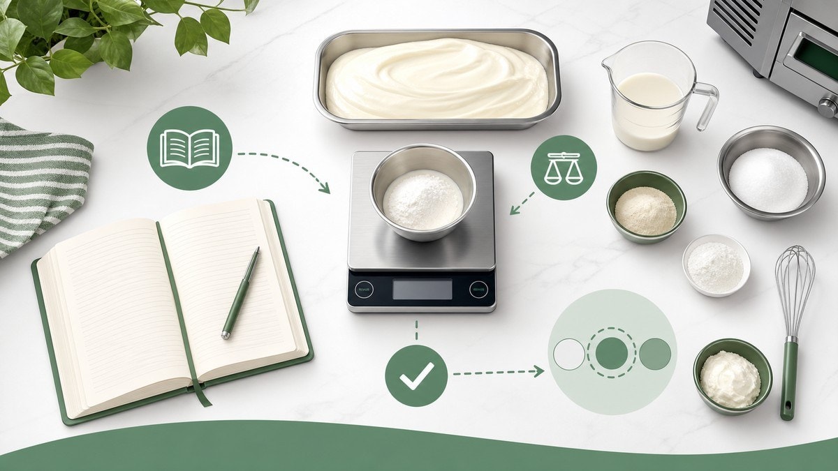 Ilustrasi penimbangan dan pencatatan bahan gelato