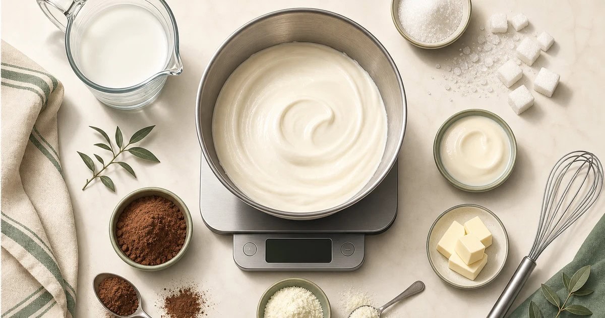 Ilustrasi bahan utama dan timbangan untuk balancing resep gelato