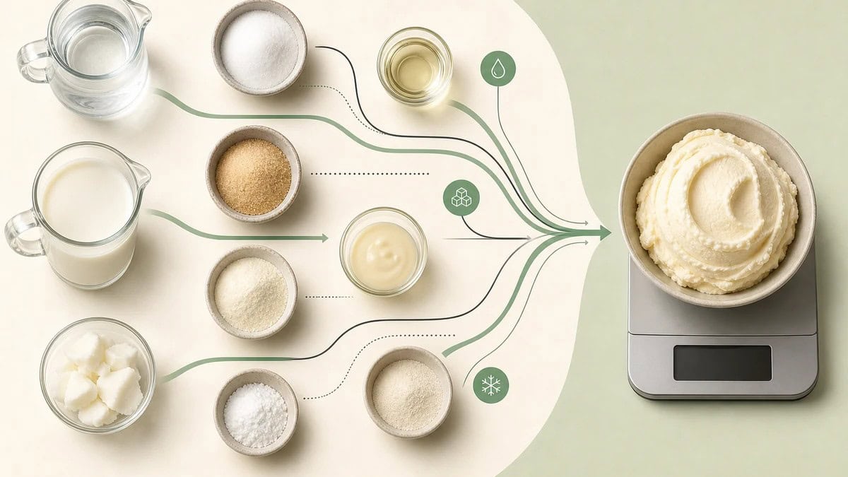 Ilustrasi kelompok bahan yang bekerja bersama dalam balancing resep gelato