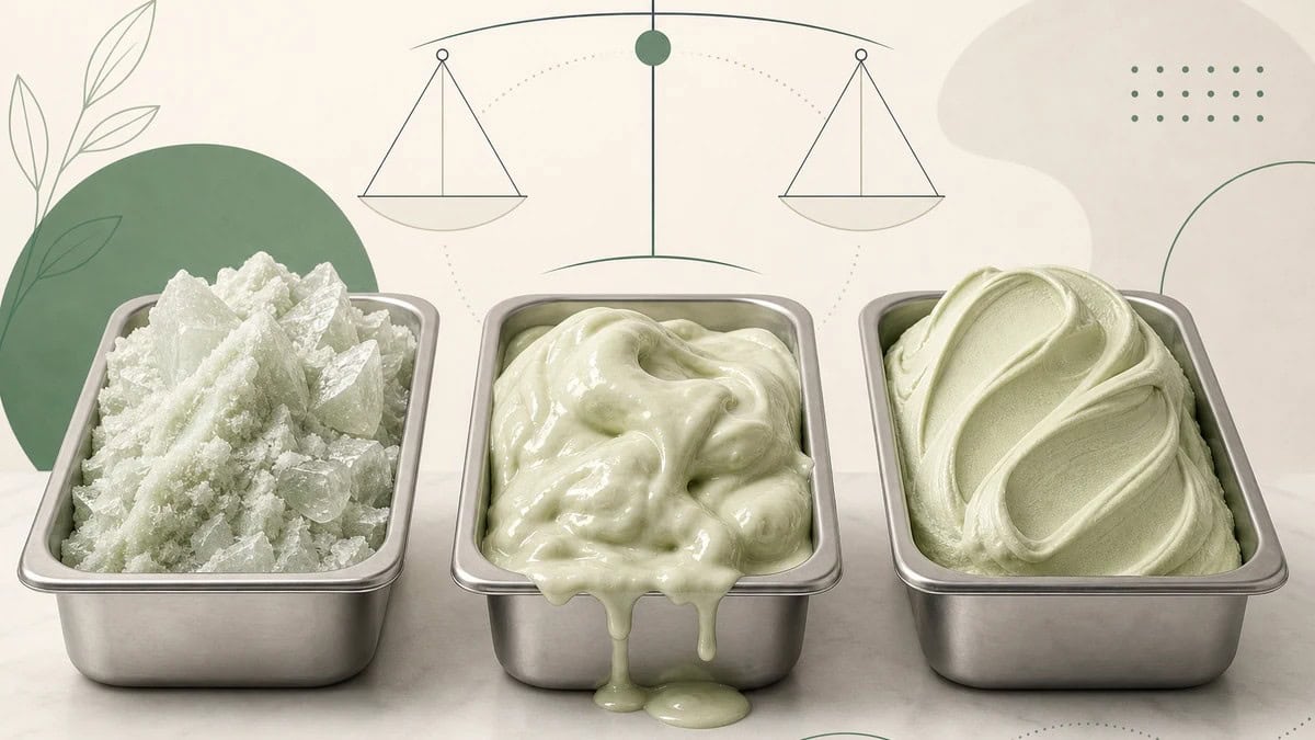 Ilustrasi tiga kondisi tekstur untuk membaca hasil balancing gelato