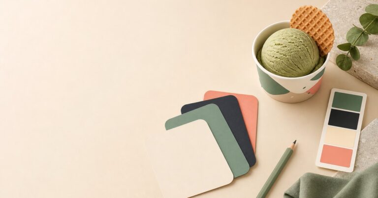 Ilustrasi kartu nama brand dan scoop gelato untuk usaha es krim